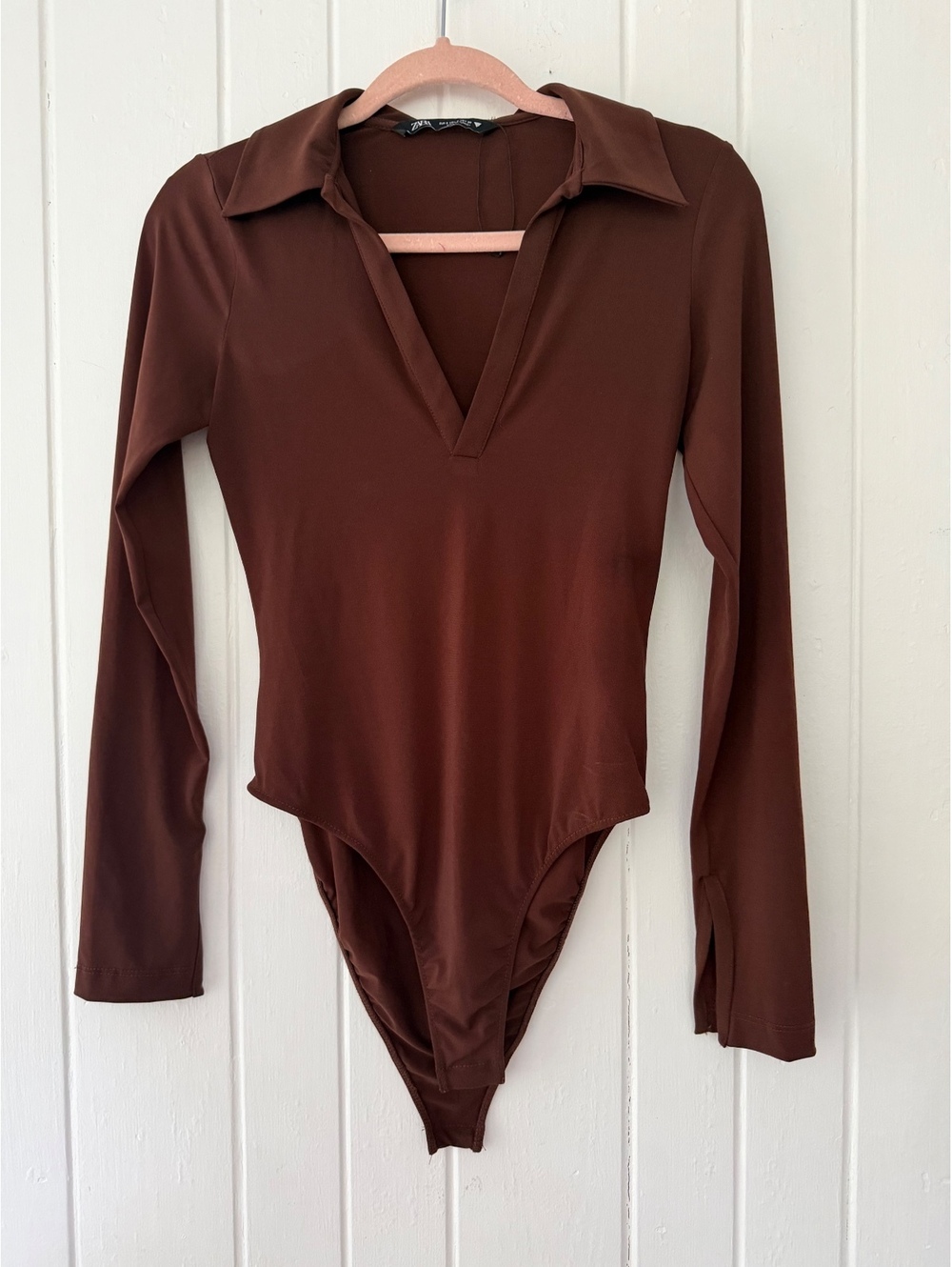 Zara sWomen's Brown Long Sleeve V-Neck Bodysuit Size S